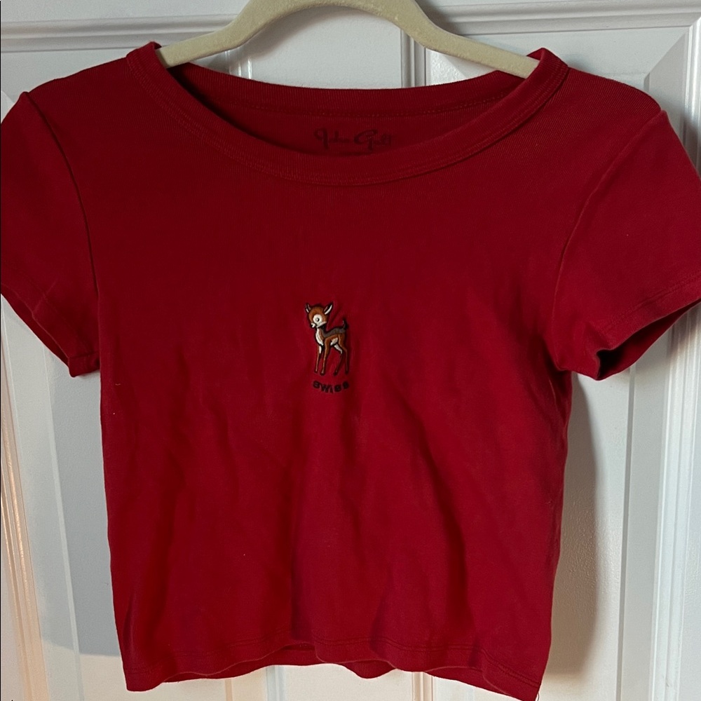 Brandy Melville Red Deer Embroidered Tee